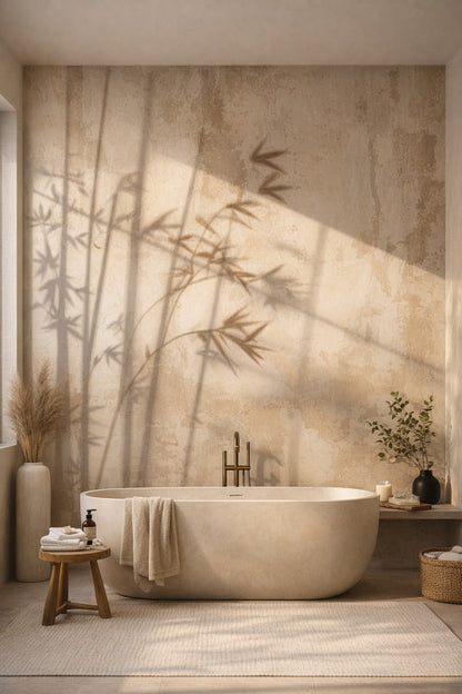 Zen neutral bamboo shadows featuring plaster wall texture - Wall Mural Peel and Stick Wallpaper for Zen Luxury Bathroom.