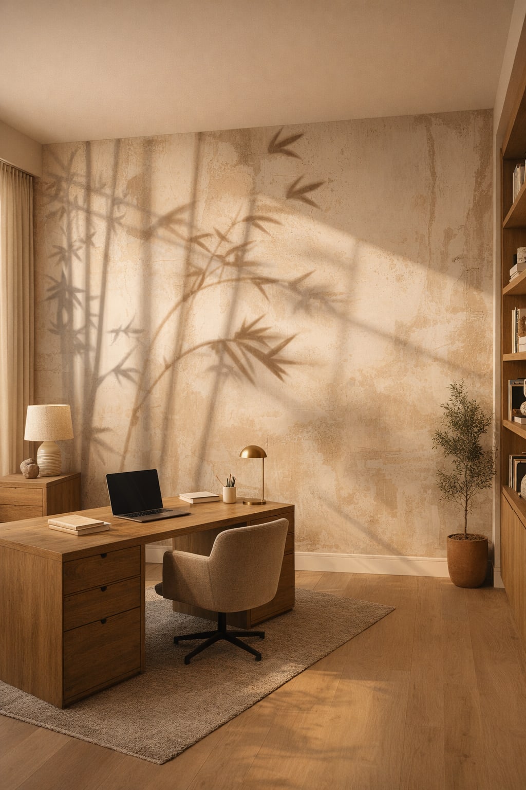 Organic Modern cream bamboo shadows featuring plaster wall texture - Wall Mural Peel and Stick Wallpaper for Organic Modern Executive Home Office.