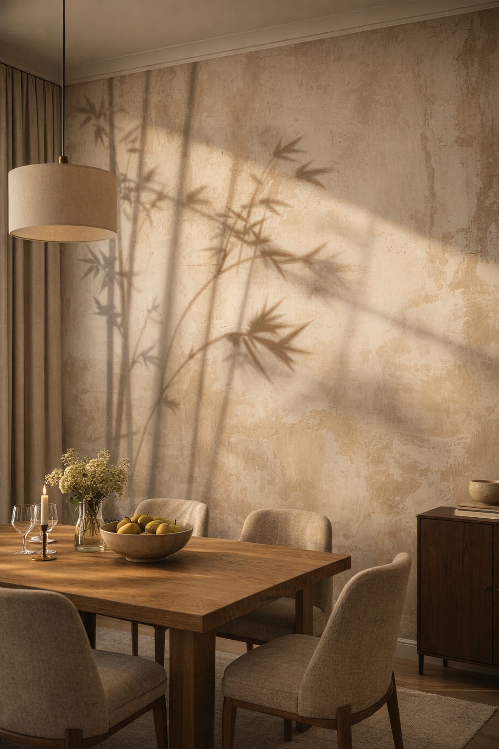 Quiet Luxury greige bamboo shadows featuring plaster wall texture - Wall Mural Peel and Stick Wallpaper for Quiet Luxury Formal Dining Room.