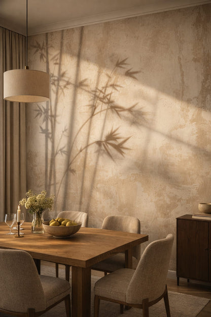 Quiet Luxury greige bamboo shadows featuring plaster wall texture - Wall Mural Peel and Stick Wallpaper for Quiet Luxury Formal Dining Room.