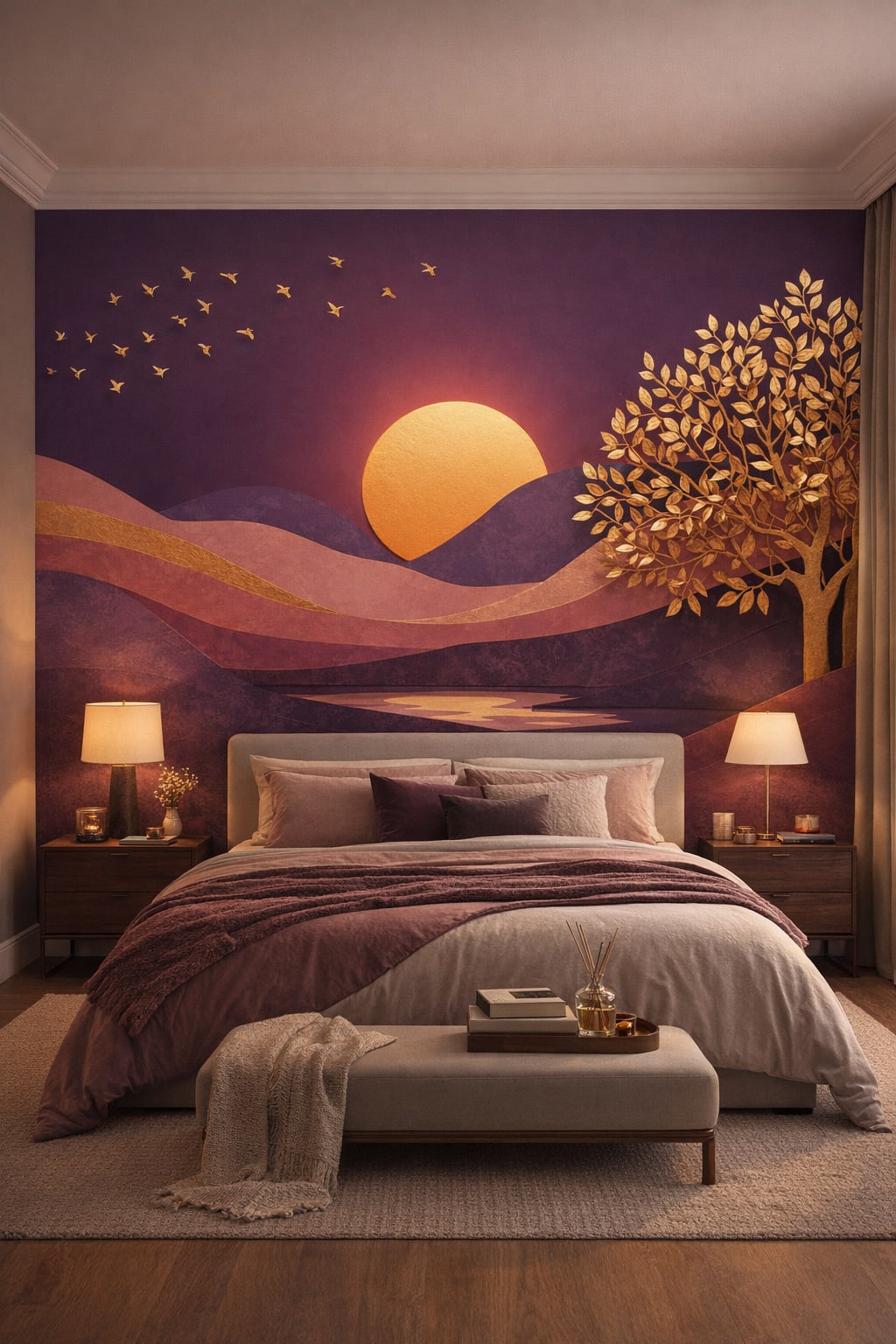 Greige minimalist, soft-charcoal luxe sunset landscape featuring golden tree - Wall Mural Peel and Stick Wallpaper for Quiet Luxury Master Bedroom.