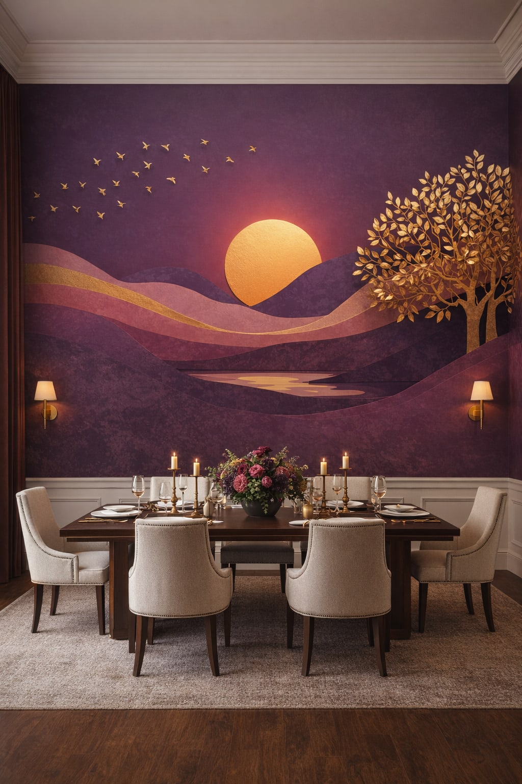 Modern Classic warm gray sunset landscape featuring layered hills - Wall Mural Peel and Stick Wallpaper for Modern Classic Formal Dining Room.