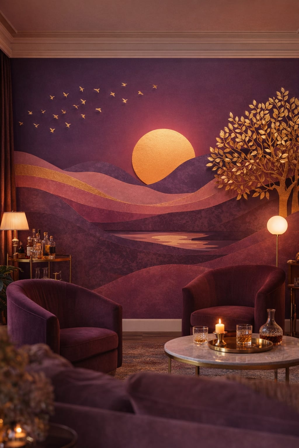 Art Deco black-gold sunset landscape featuring golden tree - Wall Mural Peel and Stick Wallpaper for Art Deco Bar/Lounge.