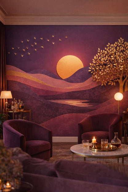 Art Deco black-gold sunset landscape featuring golden tree - Wall Mural Peel and Stick Wallpaper for Art Deco Bar/Lounge.