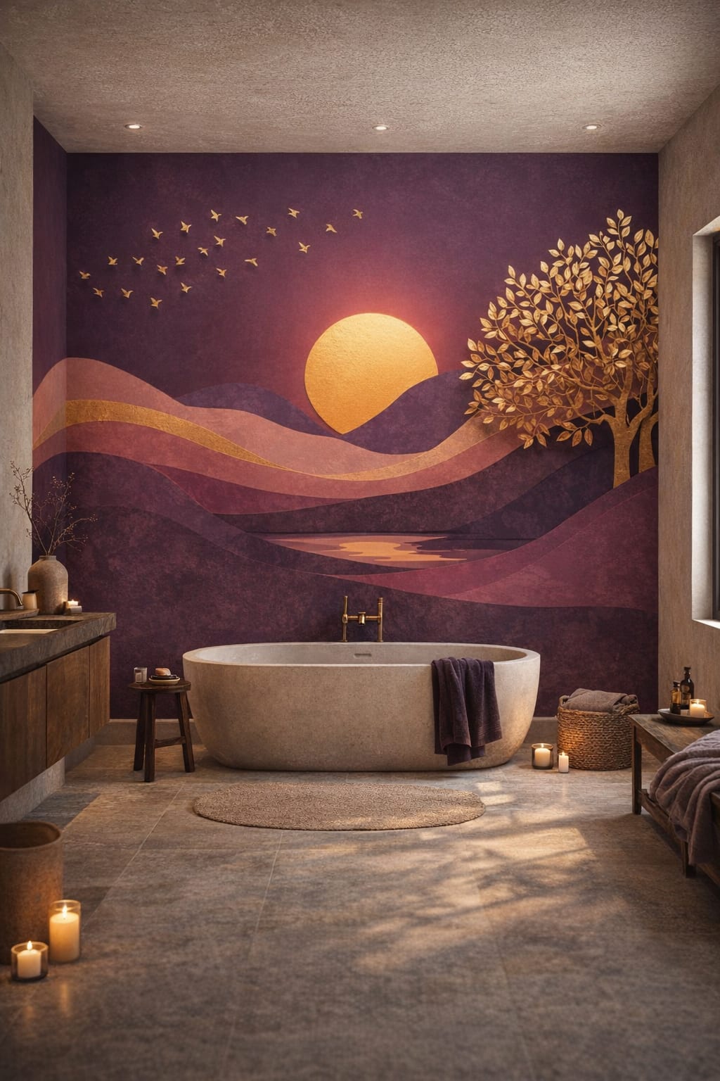 Wabi-sabi earthy-toned sunset landscape featuring a golden tree - Wall Mural Peel and Stick Wallpaper for Wabi-sabi Luxury Bathroom.