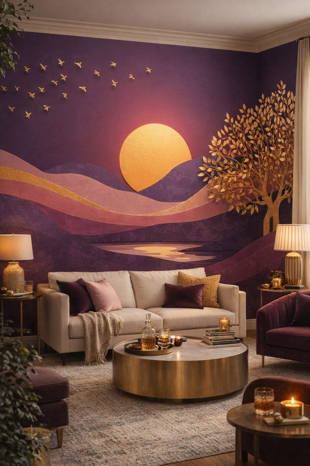 Glam gold-accent sunset landscape featuring golden tree - Wall Mural Peel and Stick Wallpaper for Hollywood Regency (Glam) Living Room.