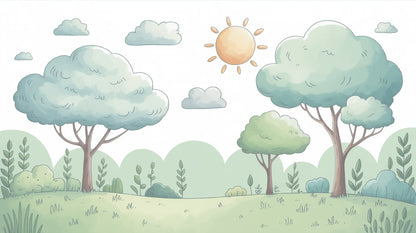 Whimsical nurturing Sage Green whimsical forest landscape featuring trees and clouds - Wall Mural & Peel and Stick Wallpaper for Whimsical Nursery or Kids Room.