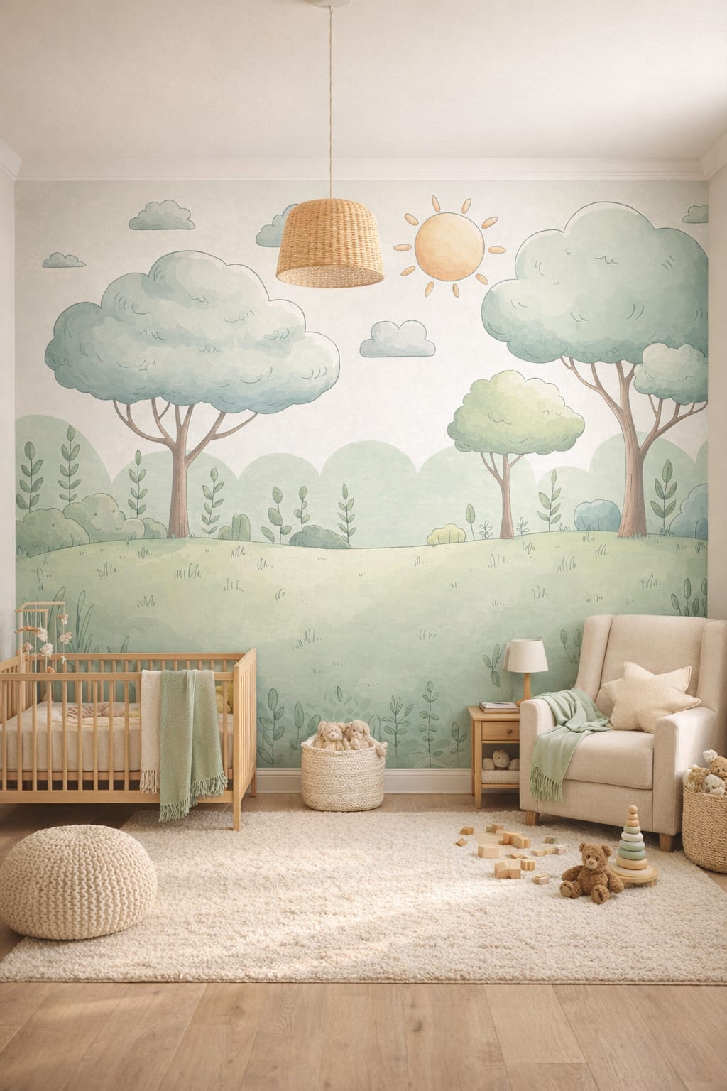 Scandi Kids white-gray whimsical forest landscape featuring trees - Wall Mural Peel and Stick Wallpaper for Scandi Kids Nursery.