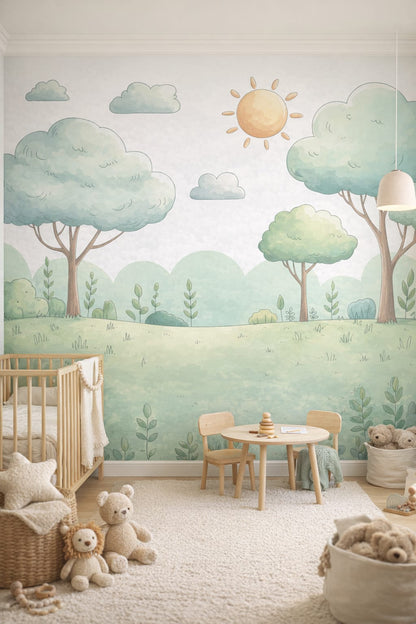 Neutral Montessori, primary-accent whimsical forest landscape featuring clouds - Wall Mural Peel and Stick Wallpaper for Modern Montessori Nursery.