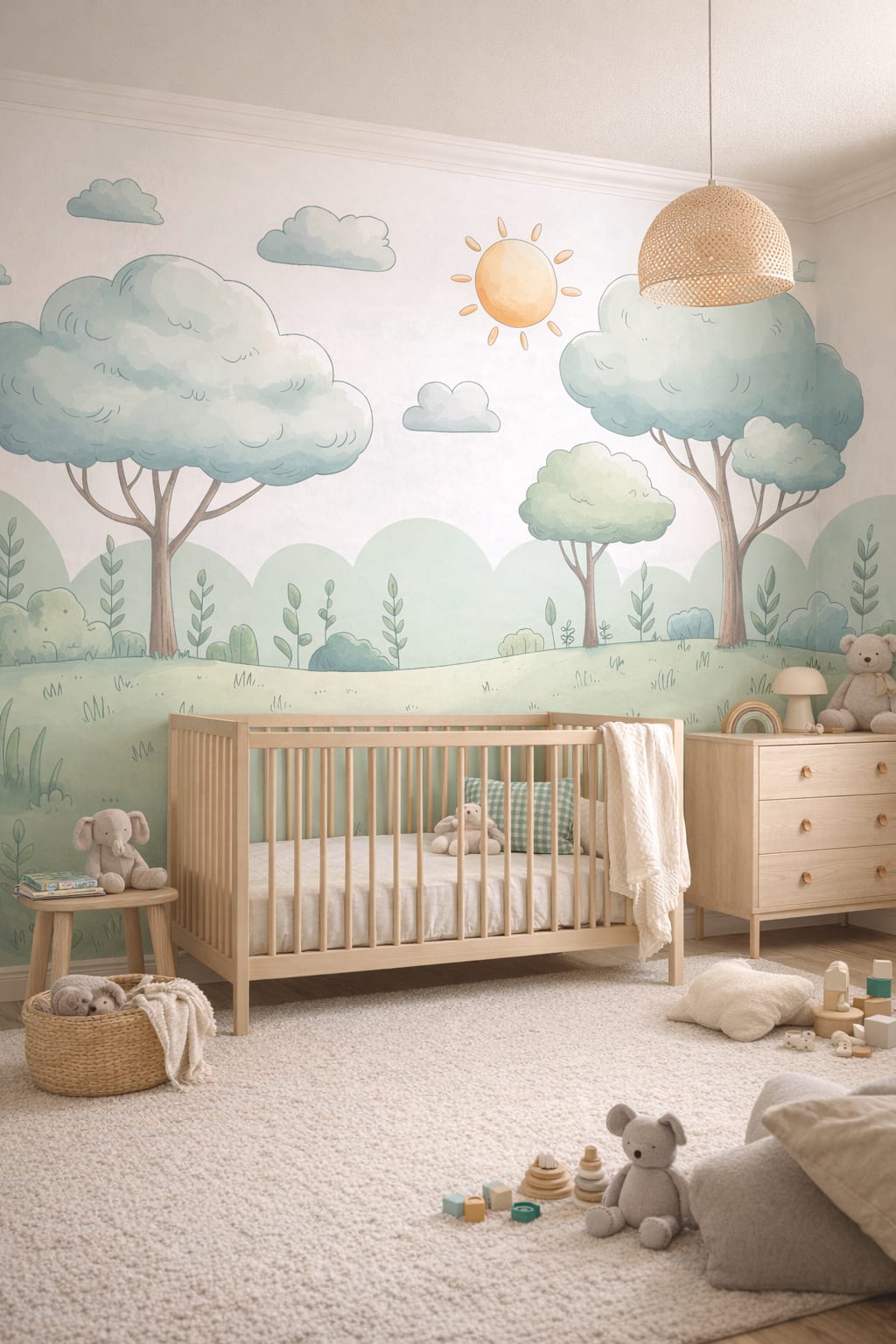 Hygge soft-gray whimsical forest landscape featuring clouds - Wall Mural Peel and Stick Wallpaper for Hygge Nursery.