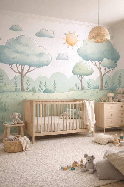 Hygge soft-gray whimsical forest landscape featuring clouds - Wall Mural Peel and Stick Wallpaper for Hygge Nursery.