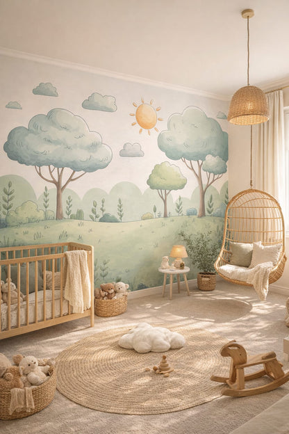 Whimsical Boho sage whimsical forest landscape featuring trees - Wall Mural Peel and Stick Wallpaper for Whimsical Boho Nursery.