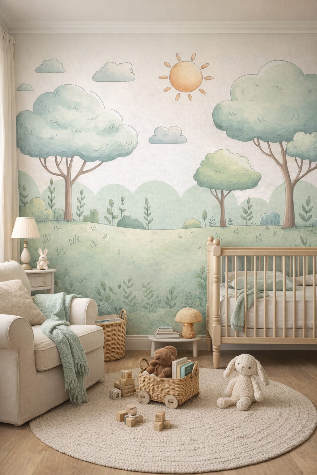 Garden green English Garden Nursery whimsical forest landscape featuring trees - Wall Mural Peel and Stick Wallpaper for English Garden Nursery Nursery.