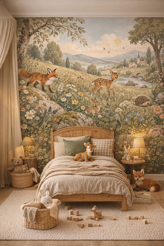 Moss green, cream woodland animals featuring wildflowers - Wall Mural Peel and Stick Wallpaper for Woodland / Forest Kids Bedroom.