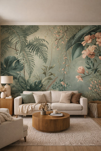 Organic Modern olive tropical botanicals featuring floral blossoms - Wall Mural Peel and Stick Wallpaper for Organic Modern Living Room