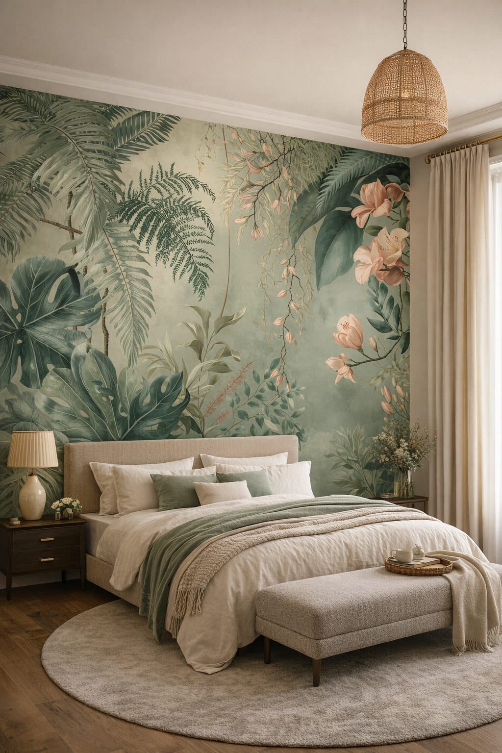 Greige understated tropical botanicals featuring floral blossoms - Wall Mural Peel and Stick Wallpaper for Quiet Luxury Master Bedroom.