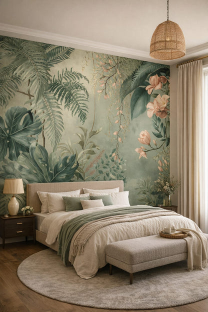 Greige understated tropical botanicals featuring floral blossoms - Wall Mural Peel and Stick Wallpaper for Quiet Luxury Master Bedroom.