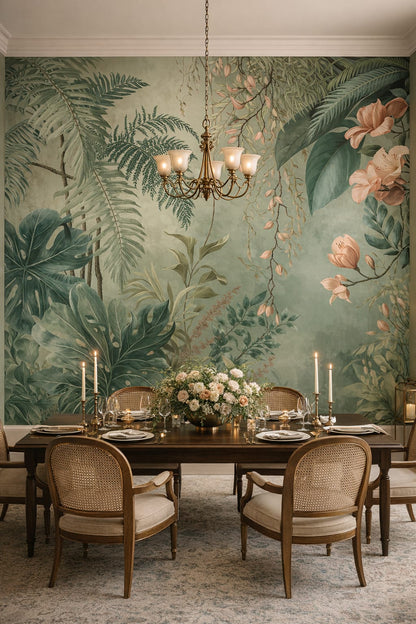 Art Nouveau green tropical botanicals featuring floral blossoms - Wall Mural Peel and Stick Wallpaper for Art Nouveau Formal Dining Room.