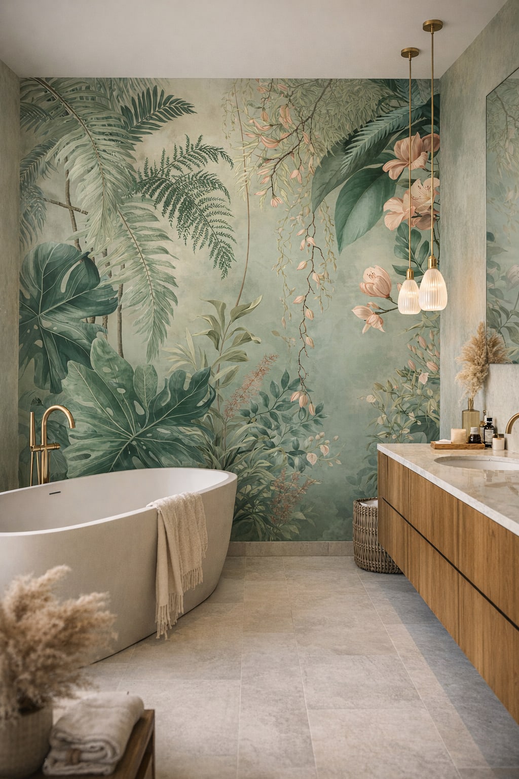 Airy modern, soft green tropical botanicals featuring hanging vines - Wall Mural Peel and Stick Wallpaper for Tropical Modern Luxury Bathroom.