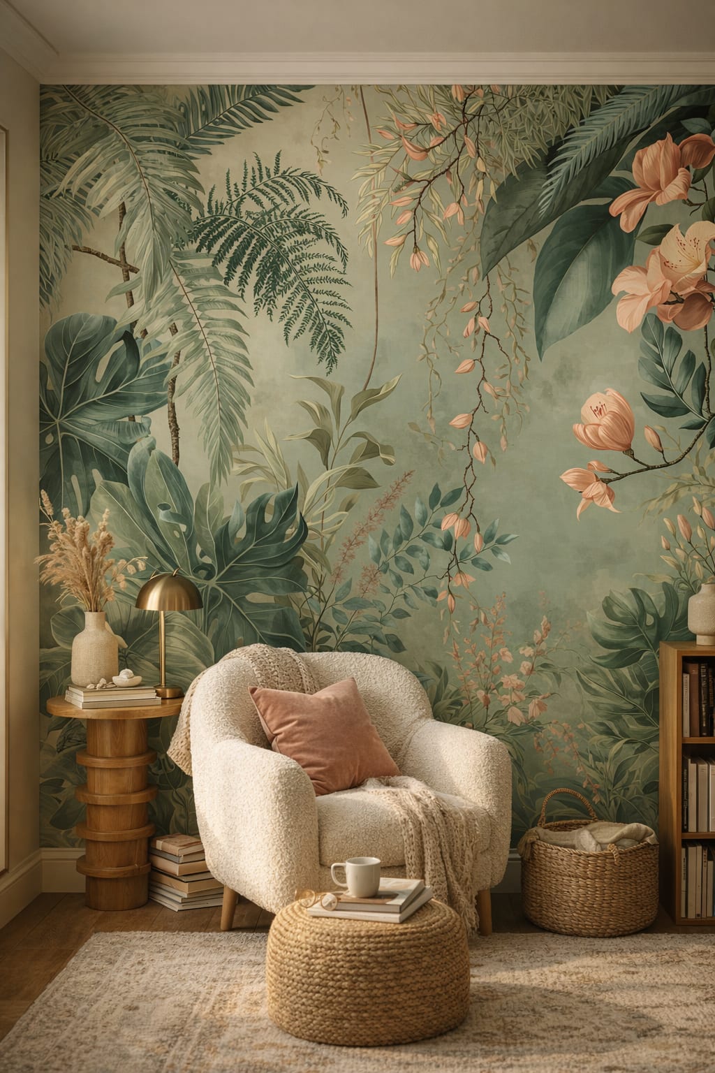 Boho-chic warm-neutral tropical botanicals featuring floral blossoms - Wall Mural Peel and Stick Wallpaper for Boho Chic Reading Room.
