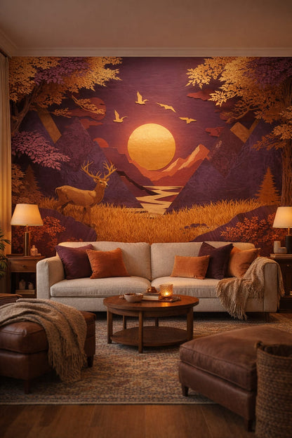 Woodland / Forest moss green stag featuring sun - Wall Mural Peel and Stick Wallpaper for Woodland / Forest Living Room.