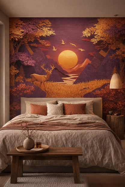 Wabi-sabi, muted earth tone stag featuring sun - Wall Mural Peel and Stick Wallpaper for Wabi-sabi Master Bedroom.
