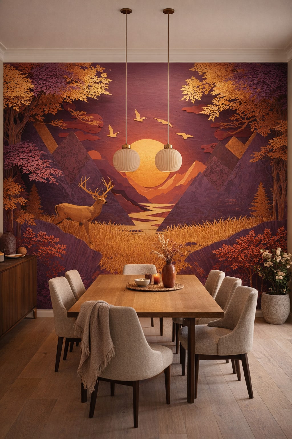 Cream and sand Organic Modern stag featuring mountain landscape - Wall Mural Peel and Stick Wallpaper for Organic Modern Dining Room.