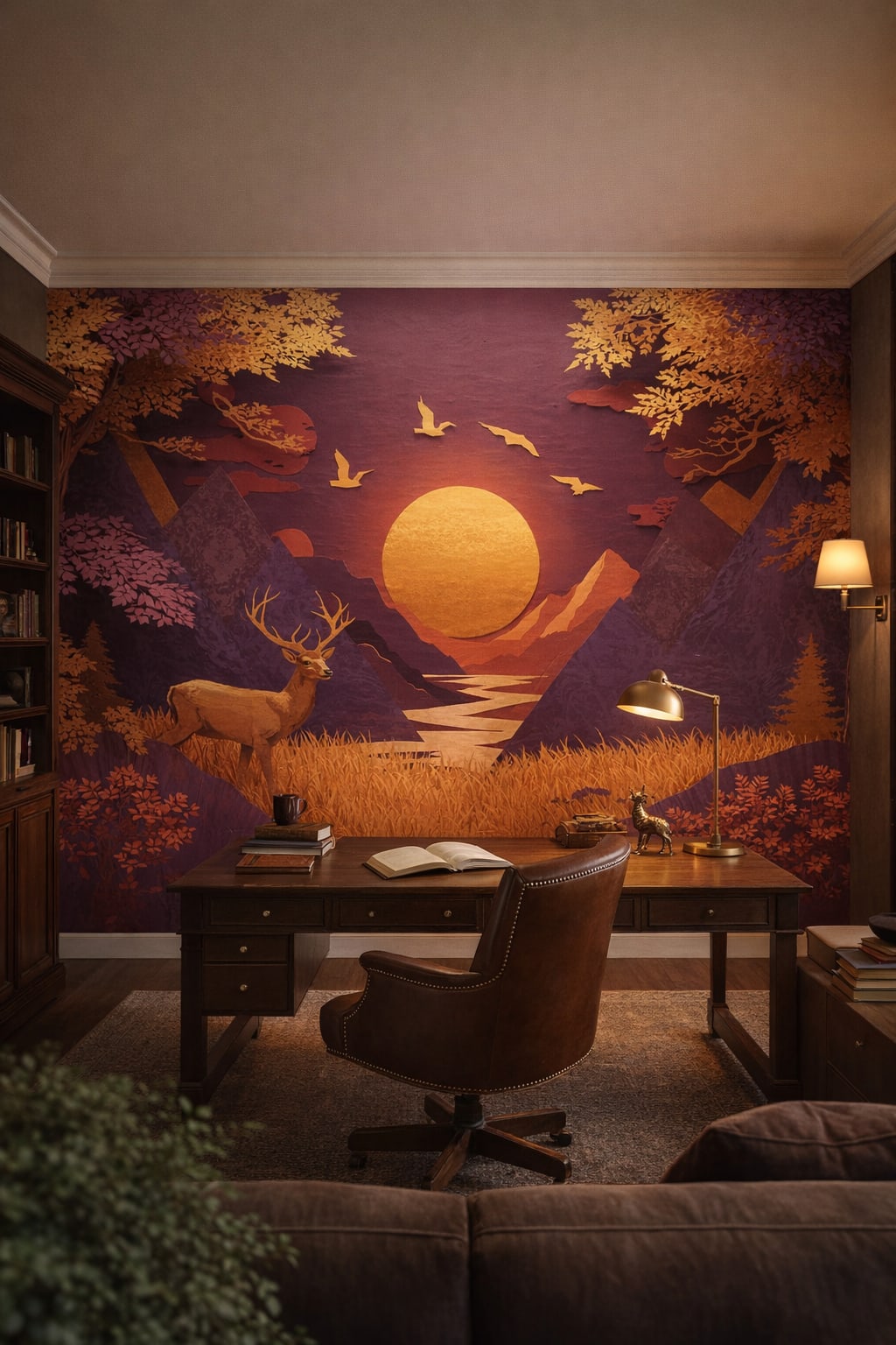 Dark Academia deep green stag featuring mountain landscape - Wall Mural Peel and Stick Wallpaper for Dark Academia Executive Home Office.