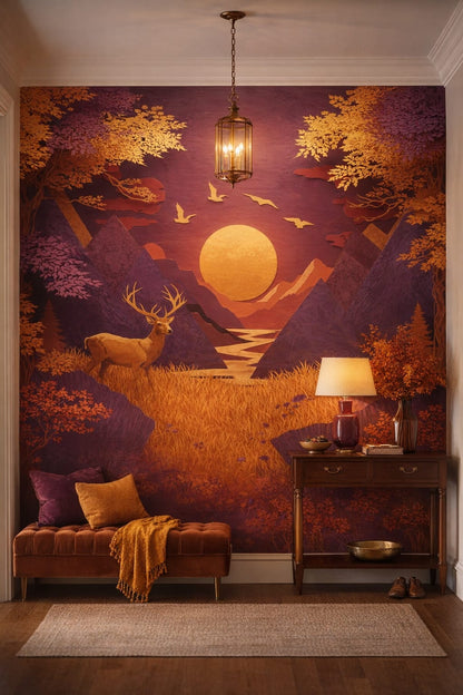 Modern Classic, cream-warm gray stag featuring sun - Wall Mural Peel and Stick Wallpaper for Modern Classic Entry / Foyer.