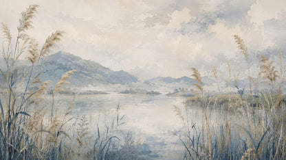 Serene Painterly Soft Blue mountain lake featuring reeds and cloudscape - Wall Mural & Peel and Stick Wallpaper for Watercolor Interiors and Premium Home Styling