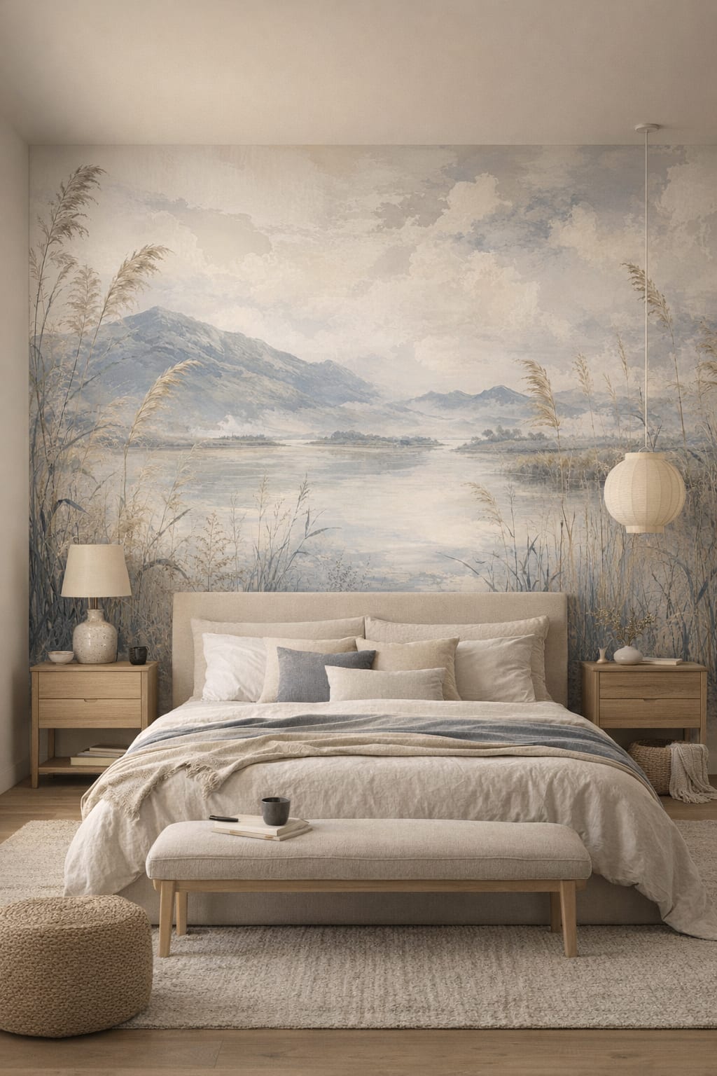 Sand Japandi mountain lake featuring reeds - Wall Mural Peel and Stick Wallpaper for Japandi Master Bedroom.