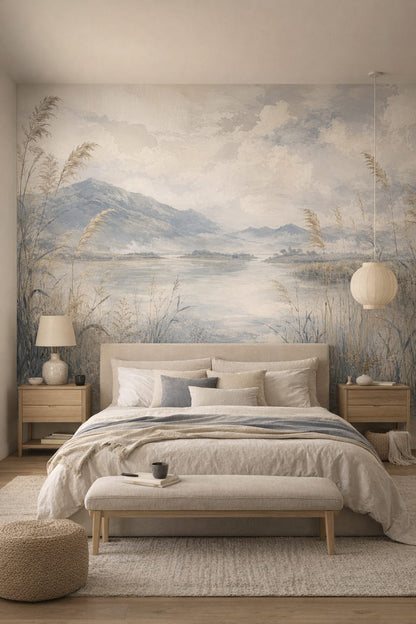 Sand Japandi mountain lake featuring reeds - Wall Mural Peel and Stick Wallpaper for Japandi Master Bedroom.