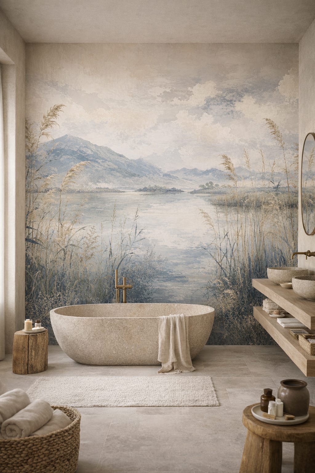 Wabi-sabi muted-earth mountain lake featuring reeds - Wall Mural Peel and Stick Wallpaper for Wabi-sabi Luxury Bathroom.