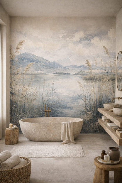 Wabi-sabi muted-earth mountain lake featuring reeds - Wall Mural Peel and Stick Wallpaper for Wabi-sabi Luxury Bathroom.