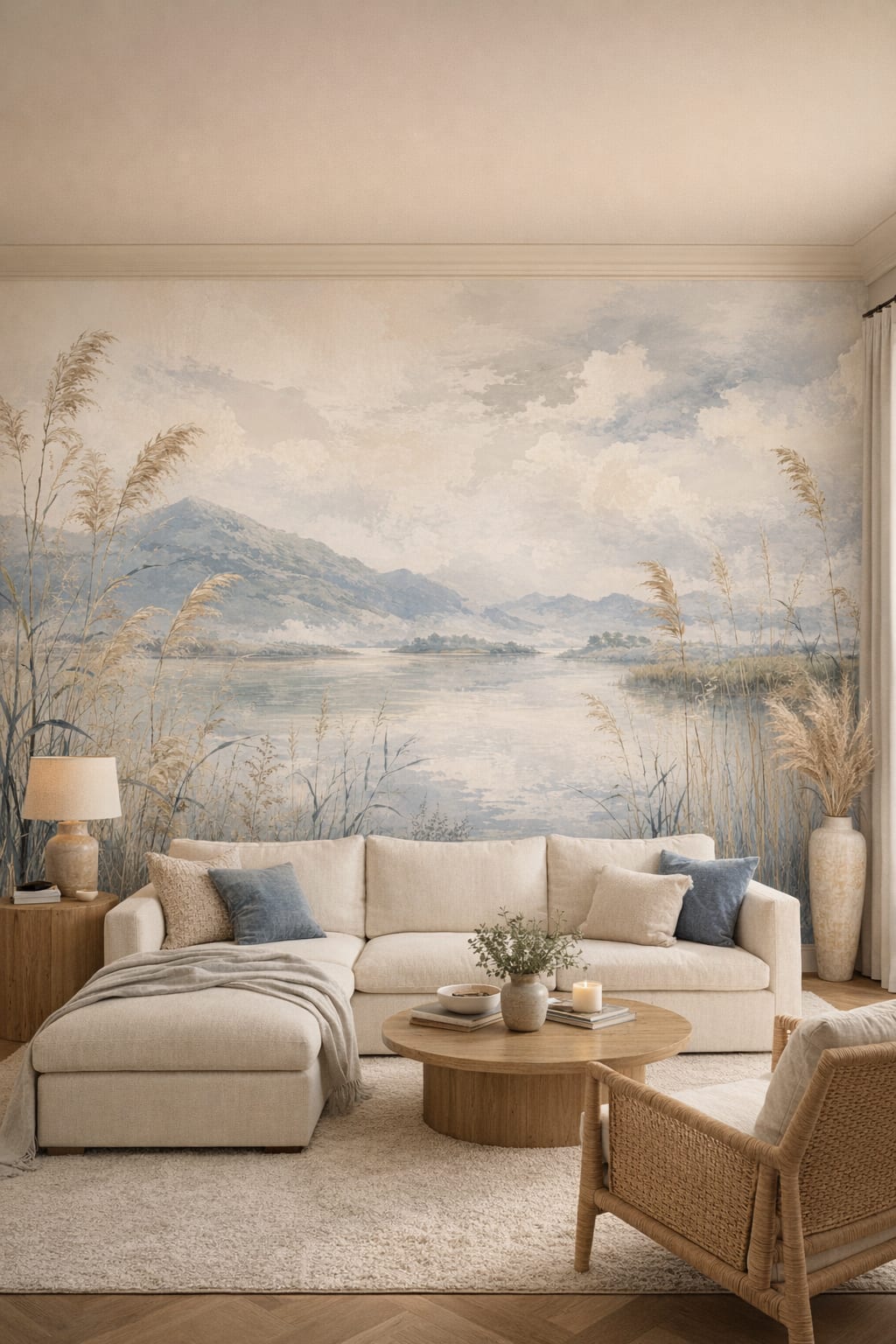 Cream Organic Modern mountain lake featuring reeds - Wall Mural Peel and Stick Wallpaper for Organic Modern Living Room.