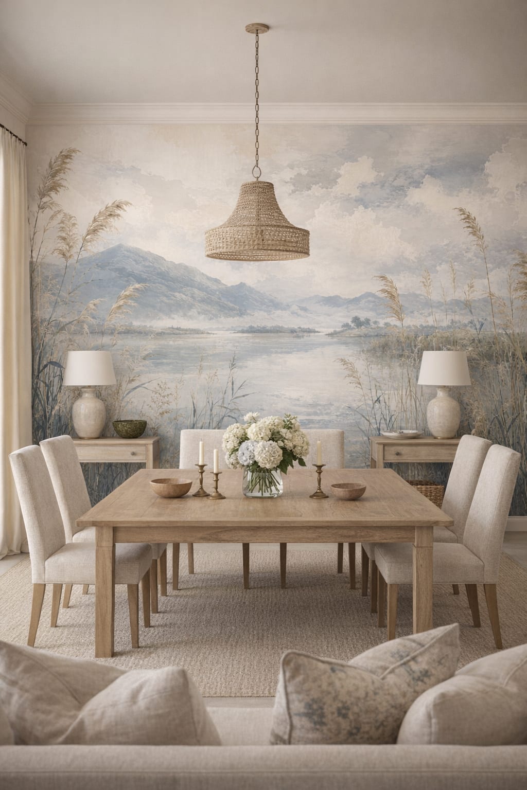Blue sand Coastal mountain lake featuring reeds - Wall Mural Peel and Stick Wallpaper for Coastal Formal Dining Room.