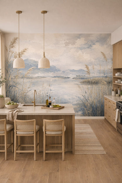 Mediterranean Modern white-blue mountain lake featuring reeds - Wall Mural Peel and Stick Wallpaper for Mediterranean Modern High-end Kitchen.