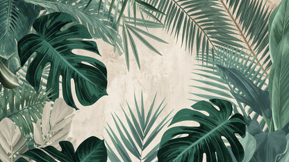 Lush Editorial Sage Green tropical leaves featuring monstera leaves and palm fronds - Wall Mural & Peel and Stick Wallpaper for Illustrated Interiors and Premium Home Styling