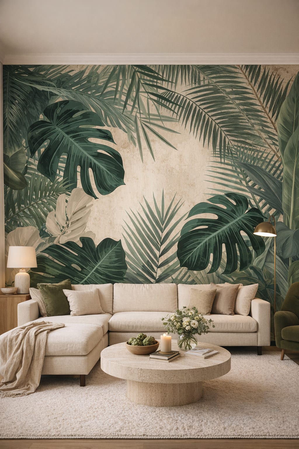 Organic Modern olive-toned tropical leaves featuring palm fronds - Wall Mural Peel and Stick Wallpaper for Organic Modern Living Room.