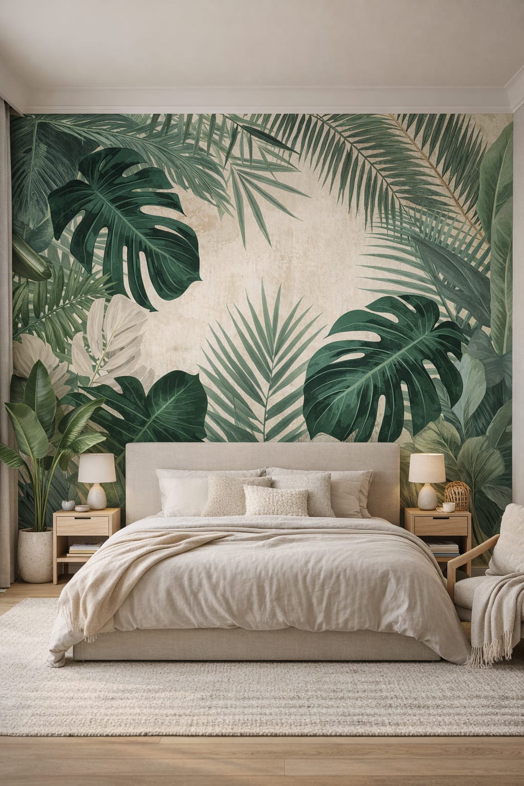 Japandi sand-toned tropical leaves featuring palm fronds - Wall Mural Peel and Stick Wallpaper for Japandi Master Bedroom.