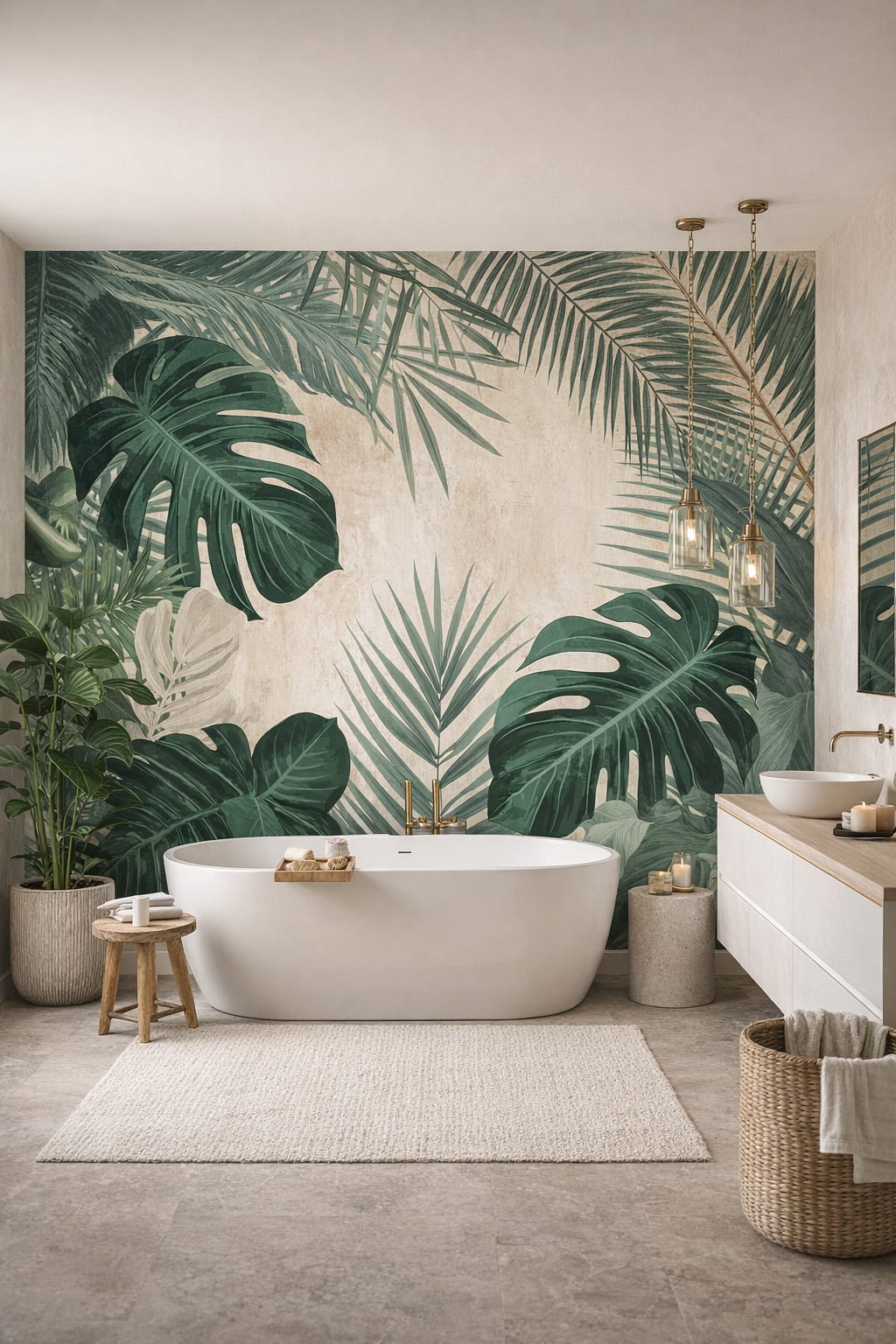 Modern white-green tropical leaves featuring monstera leaves - Wall Mural Peel and Stick Wallpaper for Tropical Modern Luxury Bathroom.