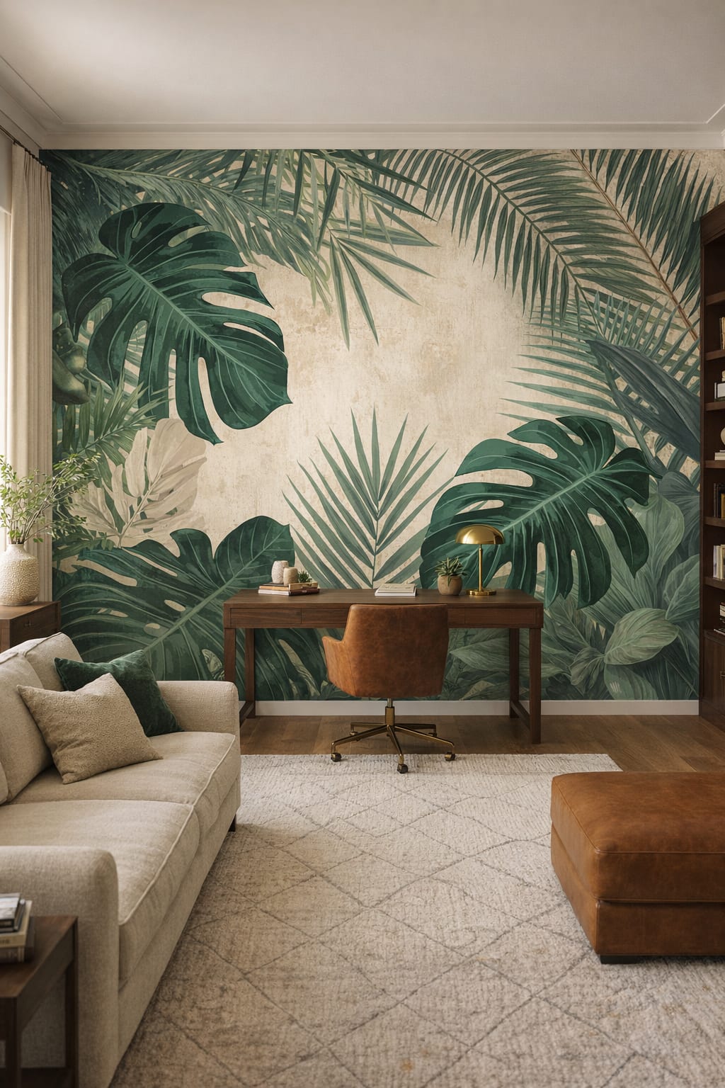 Greige refined tropical leaves featuring monstera leaves - Wall Mural Peel and Stick Wallpaper for Quiet Luxury Executive Home Office.