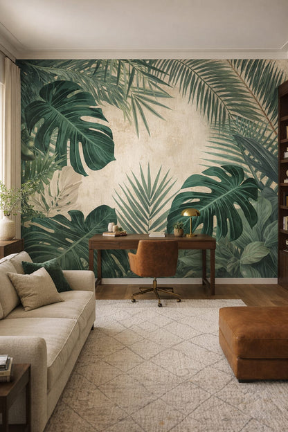 Greige refined tropical leaves featuring monstera leaves - Wall Mural Peel and Stick Wallpaper for Quiet Luxury Executive Home Office.