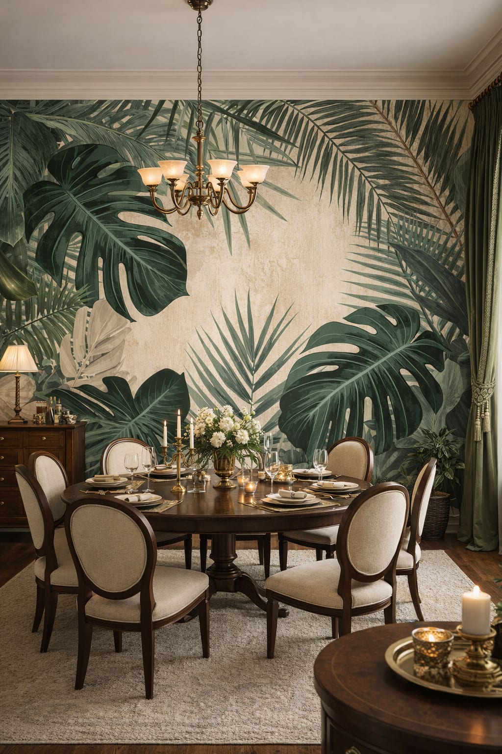 Art Nouveau green tropical leaves featuring palm fronds - Wall Mural Peel and Stick Wallpaper for Art Nouveau Formal Dining Room.