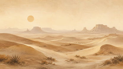 Sun-washed serene Sand desert landscape featuring mesas and sun - Wall Mural & Peel and Stick Wallpaper for Painterly Interiors and Premium Home Styling.
