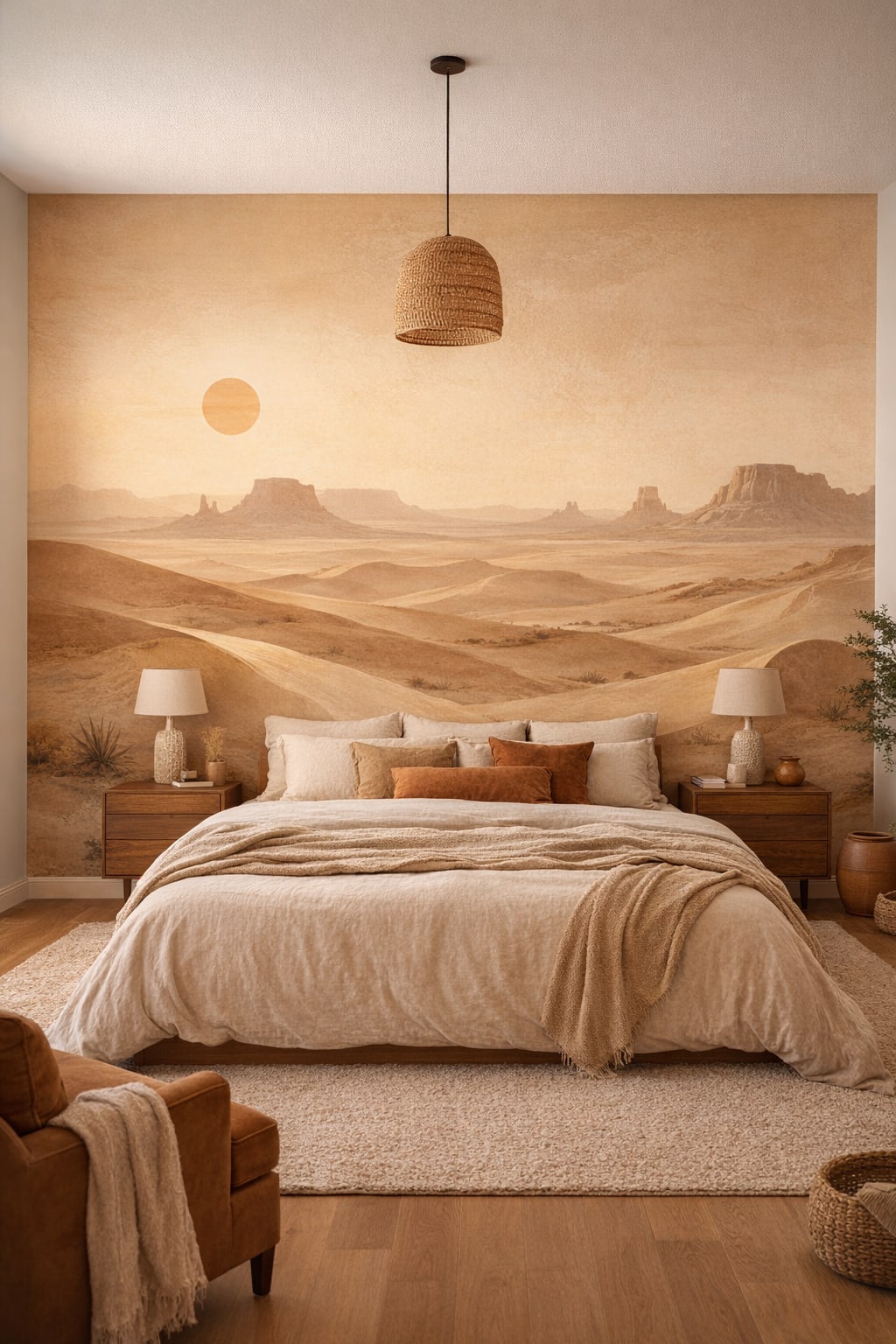 Desert Modern, sand-toned desert landscape featuring mesas - Wall Mural Peel and Stick Wallpaper for Desert Modern Master Bedroom.