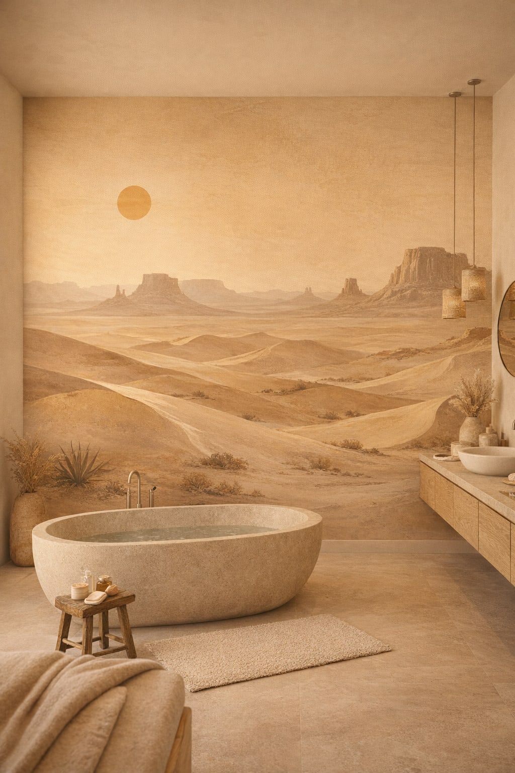 Wabi-sabi muted earth-tone desert landscape featuring mesas - Wall Mural Peel and Stick Wallpaper for Wabi-sabi Luxury Bathroom.