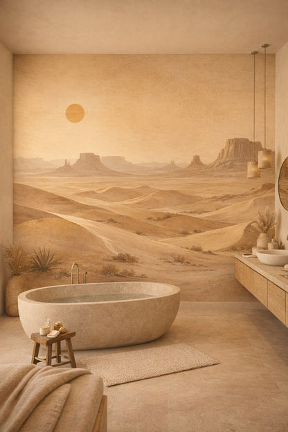Wabi-sabi muted earth-tone desert landscape featuring mesas - Wall Mural Peel and Stick Wallpaper for Wabi-sabi Luxury Bathroom.