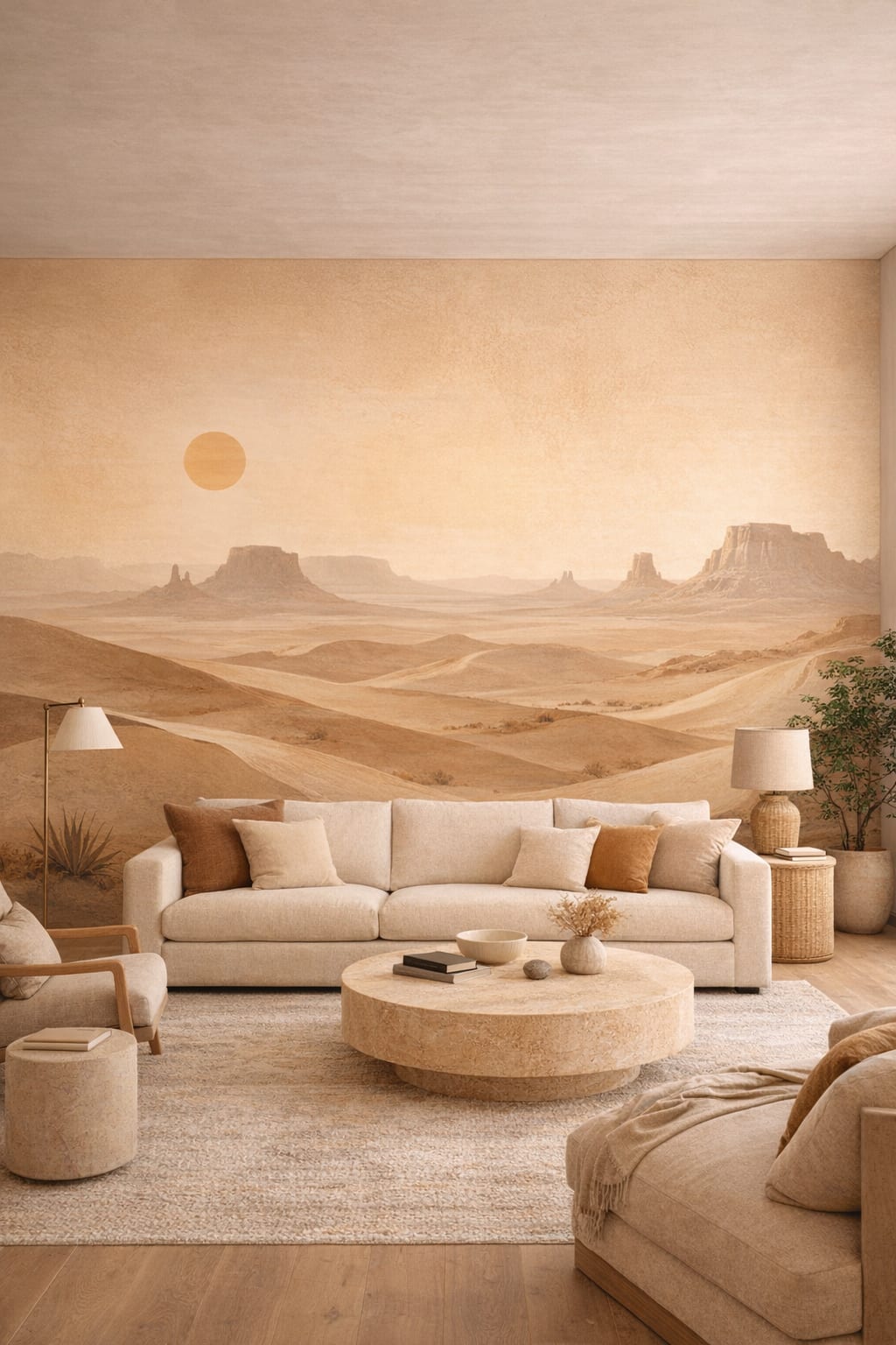 Organic Modern sand desert landscape featuring sun - Wall Mural Peel and Stick Wallpaper for Organic Modern Living Room.
