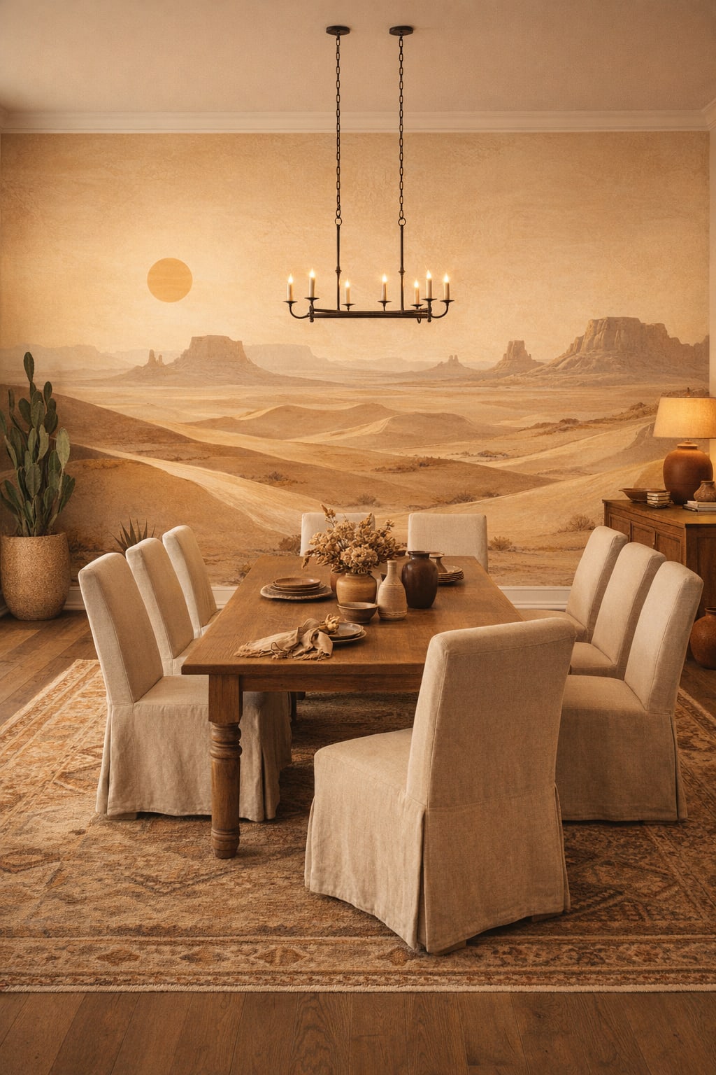 Terracotta Southwestern desert landscape featuring mesas - Wall Mural Peel and Stick Wallpaper for Southwestern Formal Dining Room.